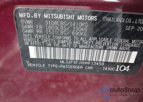 2017 Mitsubishi Mirage G4 Es из США, поврежденный, VIN ML32F3FJXHHF13459